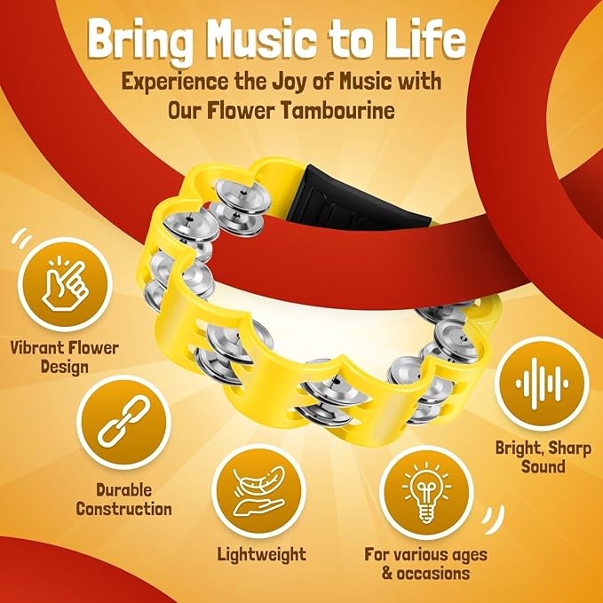 Flexzion Flower Tambourine - 8 Inch Handheld Percussion Instrument w/Metal Jingles & Ergonomic Grip - Small Tambourines for Adults, Kids, Church, Parties, & Musical Events (2 Pack - Red & Yellow)