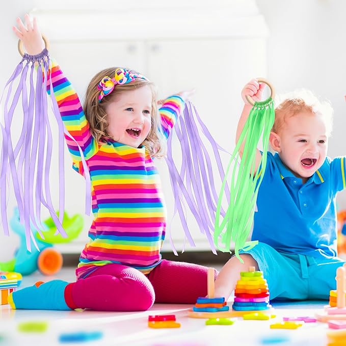 Junkin Ribbon Rings Hand Kite Waldorf Toys Dancing Wrist Ribbons Rainbow Streamers with Wood Ring Educational Toy for Playroom Dancing Birthday Party Gift(Solid Color,24 Pcs)