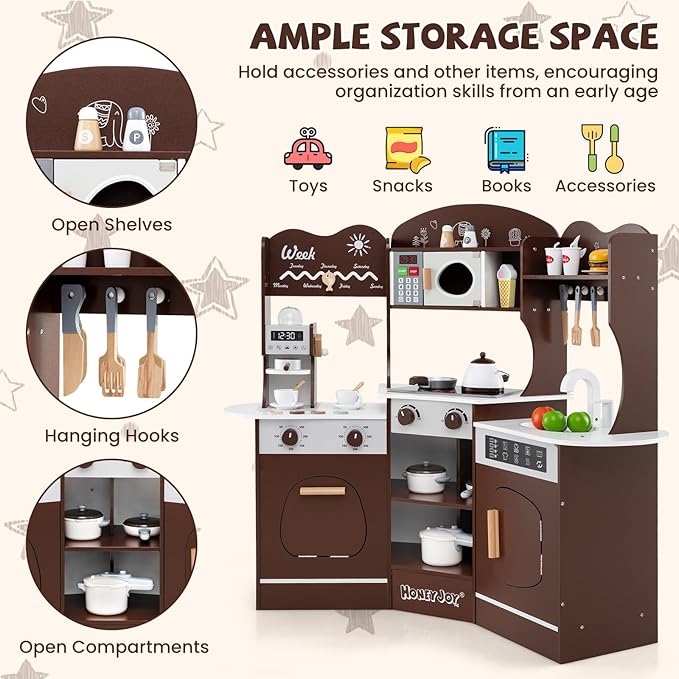 HONEY JOY Corner Play Kitchen, Toddler Wooden Toy Kitchen Set w/Lights, Coffee Maker, Microwave, Sink, Faucet, Little Chef Pretend Play Kids Kitchen Playset for Boys Girls (Coffee)