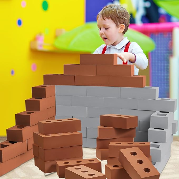 Zhanmai 50 Pack Foam Bricks Building Blocks for Kids Foam Cinder Blocks Large Fake Bricks Toy for Stacking and Construction 8 x 4 x 2.4 Inches(Square Round)