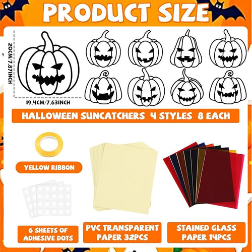 32 Sets Fall Halloween Pumpkin Suncatchers Craft Kit DIY Window Stained Glass Effect Halloween Pumpkin Paper Craft Home School Classroom Decoration Kid Birthday Gift Creative Art Project Activity Game