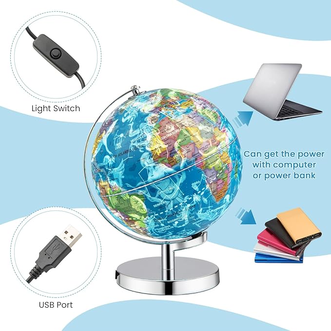 S AFSTAR Illuminated World Globe, 3-in-1 Light Up Constellation Globe with World Map, 88 Constellations & Night Light, Rotating Earth for Home Office