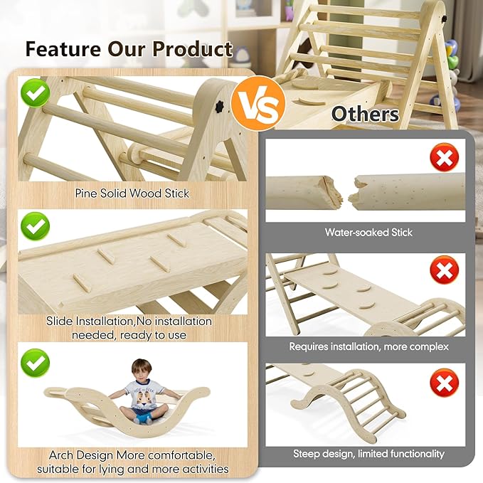 Pikler Triangle Set Climber 5 in 1, Toddler Climbing Toys Indoor Folding with Ramp & Arch & Mat for Montessori Play Gym for Toddlers and Kids (Natural)(99" Wx21 Dx23 H)