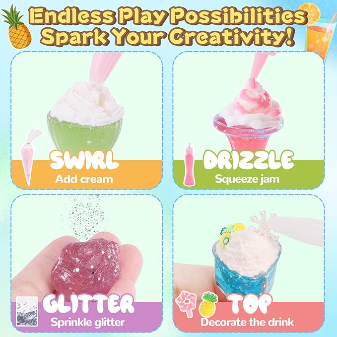 DIY Mini Drink Shop Toy, Making 24 Miniature Juice Drinks Cream Material Kit, NOT Edible, Collectible, Kitchen Pretend Play Food Toys Set, Make Your Foods, Gift for Kids Age 8+