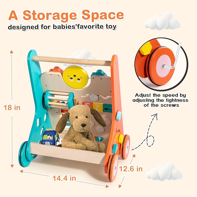 Wooden Baby Walker with Wheels, Walker for Baby Boys 6-12 Months Push Toy, Sit to Stand Activity Walker Learning to Walk