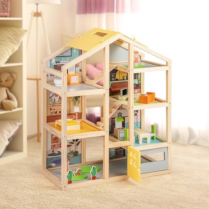 HONEY JOY Doll House, Wooden Dollhouse Playset w/7 Rooms, 21 Accessories & Miniature Furniture, Pretend Play Toys Kit, 2.46 Feet Big Doll House, Christmas Birthday Gift for Girls Boys Age 3+