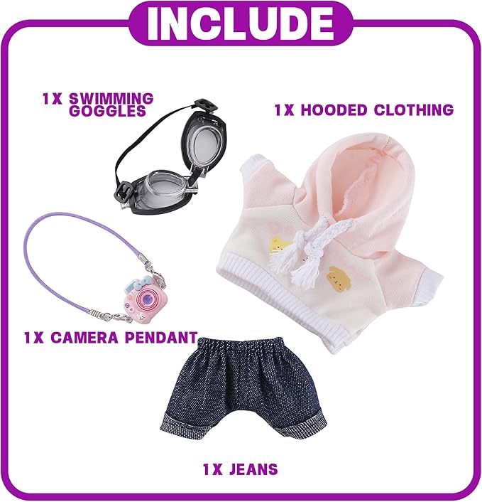 17cm Doll Clothes Set 4-Piece Outfits for Doll Pink Fashion Clothing for Plush Dolls Accessories with Glasses Jeans and Hoodie
