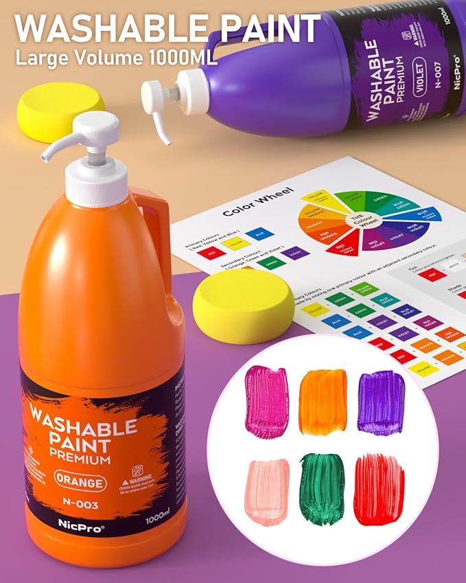 Nicpro 14 Colors Large Washable Paint Set (33.8 oz, 1000ml), Acrylic Bulk Paint Supplies Non Toxic Children Tempera Paint for Art, Craft DIY, Poster & Finger Paint, School, Home,Classroom