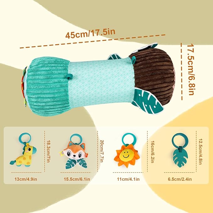 Inflatable Baby Tummy Time Toys Pillow for Newborn, Montessori Baby Sensory Toys Roller with Detachable Mirror, Squeaker, Teether & Rattle, Help with Early Development 3-6 Months (Fox)