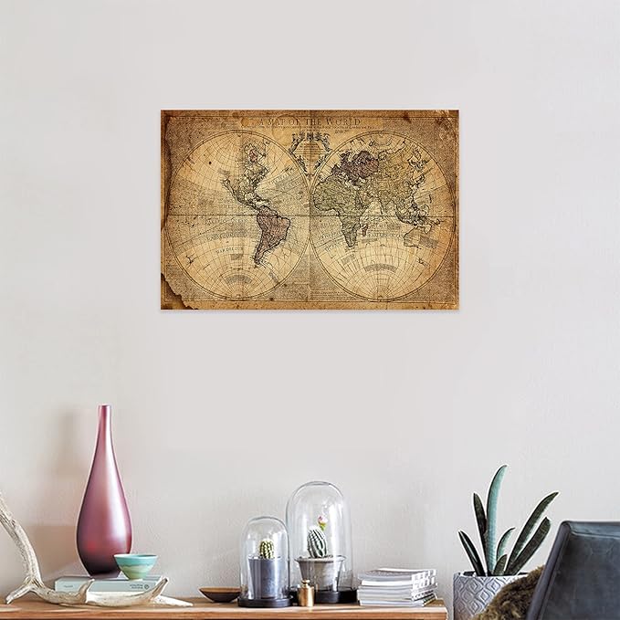 Vintage World Map Canvas Wall Art, Beige Nautical Map Background Pictures Print on Canvas for Office Decor, Antique Earth Map Framed Art for School- Living Room Wall Decoration 18x12 Inches
