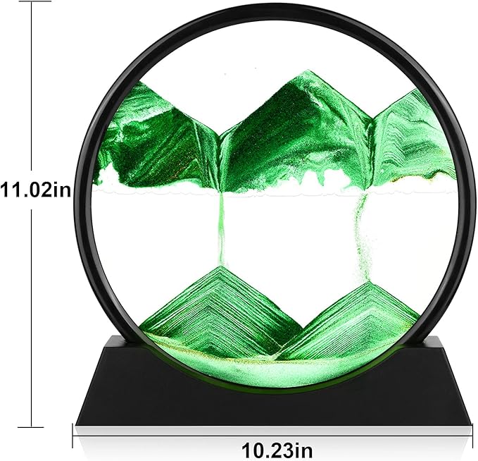 Moving Sand Art Picture - 3D Quicksand Painting Decor - Round Glass 3D Deep Sea Sandscape - Relaxing Home Decoration Desk Toys for Home Office Desk Mantle Bookshelf- (Green, 12 in)