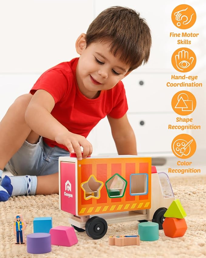 Coogam Montessori Sorting Toys for Toddles, Wooden Color Shape Sorter Truck Toy with 2 Play Figures - Fine Motor Educational Learning Gift Toy for Kids 2 3 4 Year Old