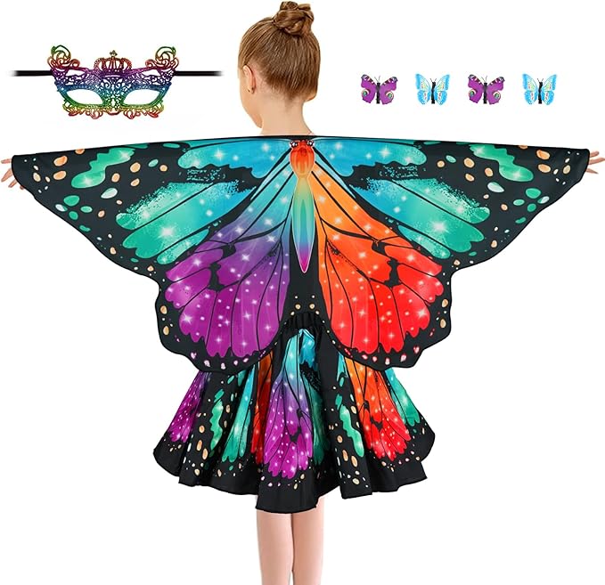 Butterfly Costume for Girls Fairy Wings Kids 4 Pcs(Cape,Skirts,Masks,Hair Clips) Butterfly Wings for Halloween Gifts