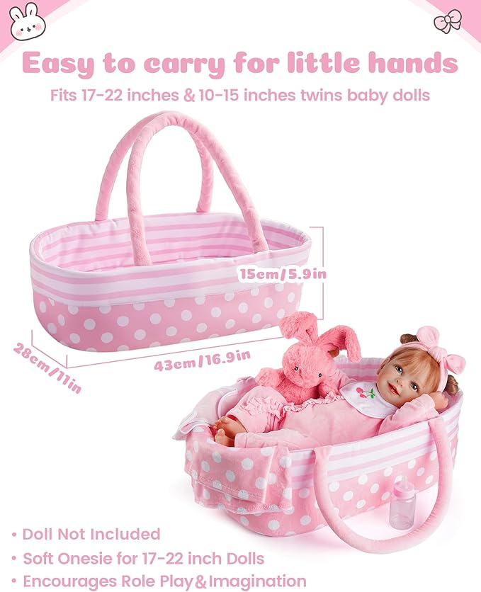 BABESIDE 8 Pcs Baby Doll Accessories, Reborn Baby Dolls Clothes with Bassinet for 17-22 Inch Baby Dolls, Outfit fit Newborn Babies Doll Girl, Babies Pretend Play Set