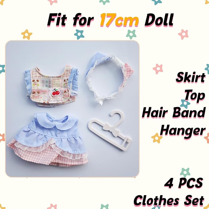 17cm Doll Clothes Set, Cute Girls Doll Outfits Set, 4 PCS Blue Maid Style Outfits Exquisite Accessories