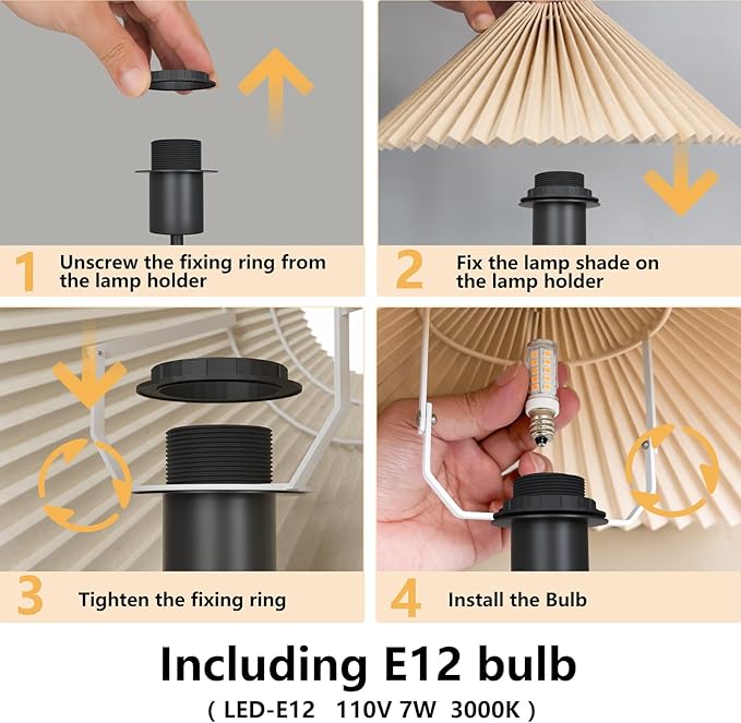 KUNJOULAM Small Pleated Table Lamp, Bedside Nightstand Lamp with Beige Lampshade Black Base, Morden Mini Lamp for Bedroom Home Office Decor, E12 Bulb Included