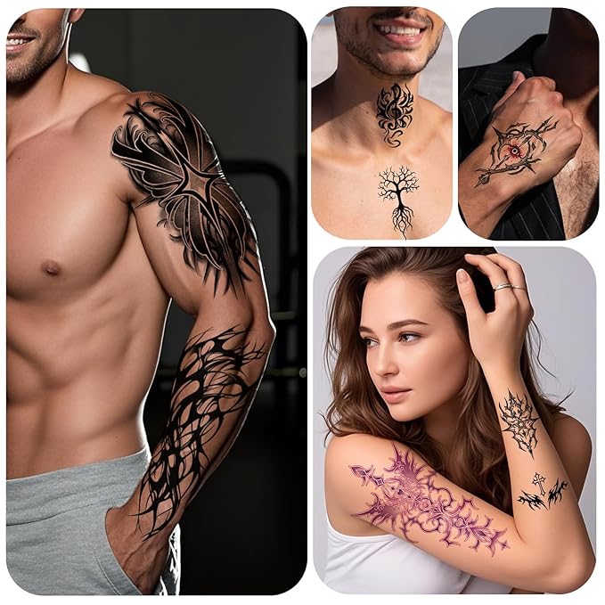 77 Sheets Temporary Tattoo, 17 Sheets Half Arm Cyber Sigil Fake Arm Leg Chest Tattoos for Adults Men Women, 60 Sheets Small Tattoos Stickers for Boys Girls Kids Body Art Design