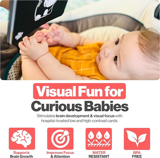 Happy Start High Contrast Baby Cards for Newborns - Black & White Cards, Water-Resistant, BPA-Free, Portable Educational Flashcards for Visual Stimulation, Award-Winning, Ages 0+(English & French)