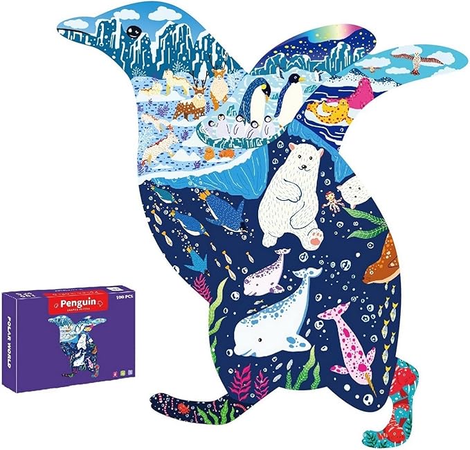 PINU Jigsaw Puzzles for Kids Ages 3-5, 6-8, 8-10, Children Colorful Fun Animal Shaped Puzzle Learning Educational Toys Gifts Games for Boys and Girls (Penguin-100 PCS)
