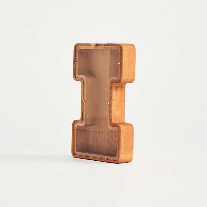 Personalized Wooden Piggy Bank – Custom Letter I Coin Bank in Beech Wood with Clear Acrylic Front, Engraved Name Option, Money Saving Box for Kids and Adults