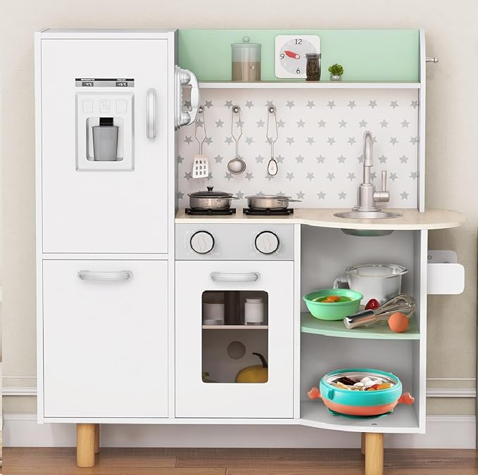INFANS Kid Kitchen Playset, Toddler Wooden Pretend Cooking Set with Realistic Light & Sound, Stove, Sink, Microwave, Storage Cabinet, Play Kitchen Toy Set for Children Boys Girls (Green)
