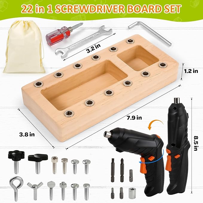 22 in 1 Montessori Toys Screwdriver Board Set with Electric Drill, Wooden Screw Driver Activities Tool for 3 4 5 Kids, Preschool Educational Sensory Learning STEM Fine Motor Skills Toys Gifts for Boys