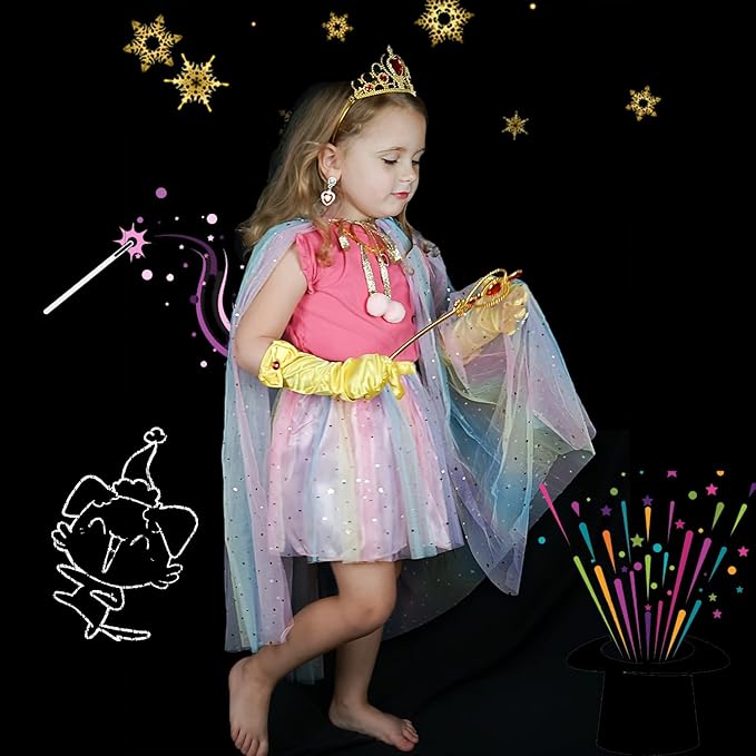 Princess Cape Set for Little Girl, 11PCS Princess Dress Up Clothes Cape Clock with Skirt for Girl 3-8 Birthday Gift