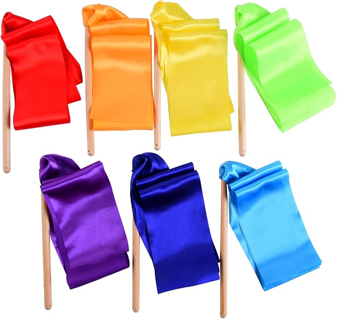 BBTO 7 Pcs Short Ribbon Dancer Wand for Toddler Kids 39.37 Inch Gymnastics Rainbow Ribbon Twirlers Stick with Wooden Handle Artistic Dancing Streamers for Talent Shows Training Preschool Girls Boys