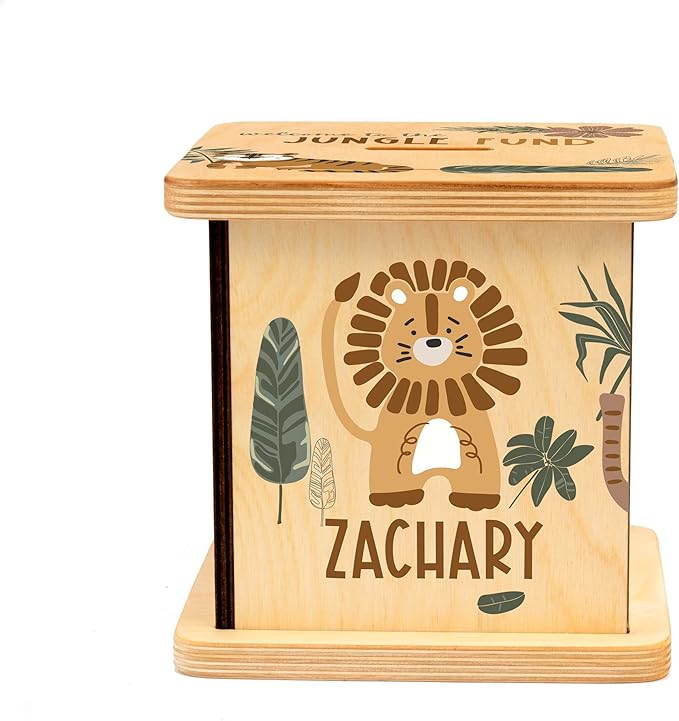 Wooden Piggy Bank for Kids and Adults, Personalized Gift Handmade in USA by BloomOwl, Custom Piggy Bank, Personalized Banks for Kids, Gifts for Baby Boys and Girls (Earthy Jungle)