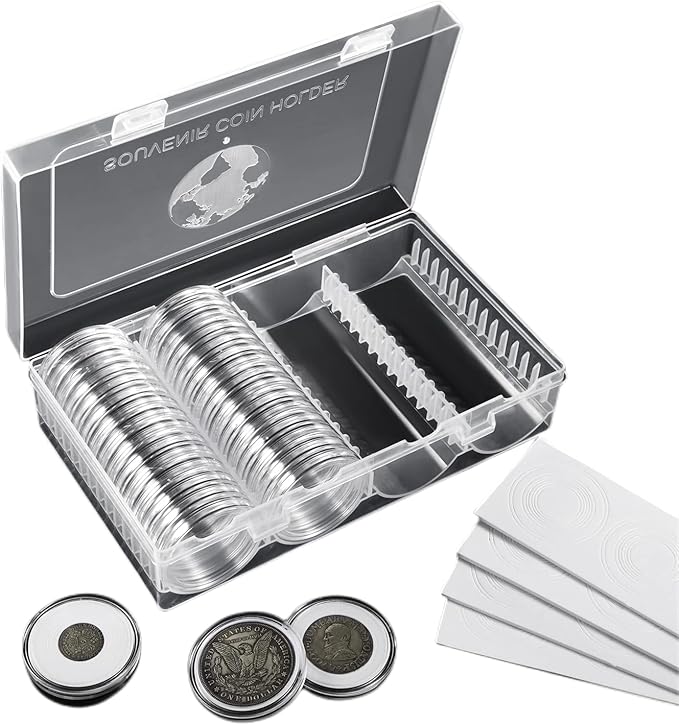 MUDOR 41 mm Coin Holder, 60 Pieces Silver Dollar Capsules with Foam Gasket, Professional Storage Case Box for Coin Collection