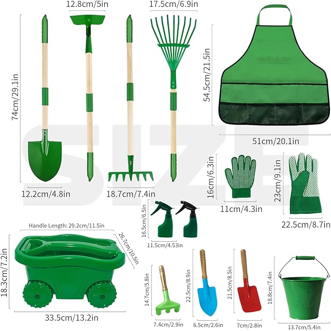 Kids Gardening Tools Set,15Pcs Wheelbarrow Set for Kids with Shovel, Rake, Watering Can Outdoor Backyard Farm Digging Toys, Halloween Christmas Birthday Gifts for Boys Girls