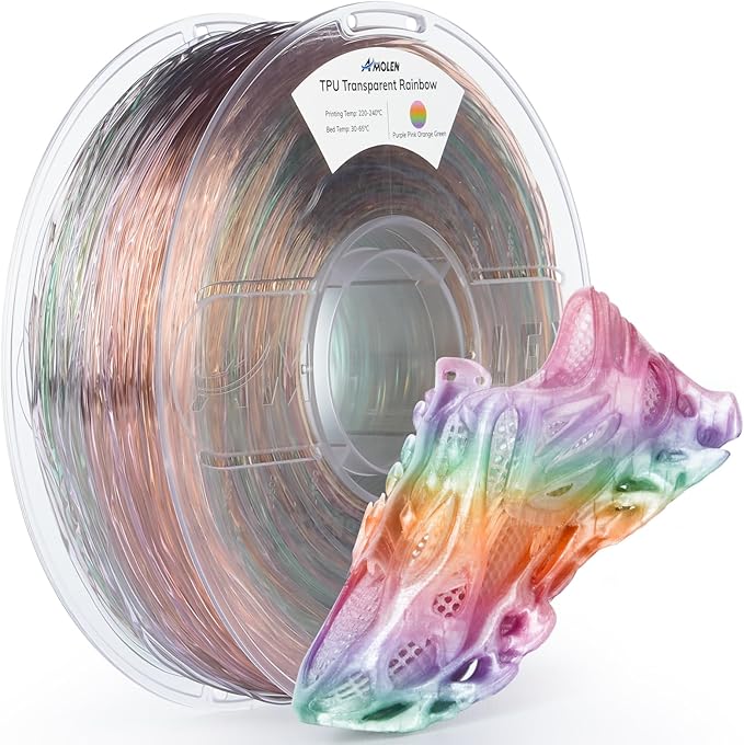 AMOLEN 95A TPU 3D Printer Filament, 1.75mm Transparent Multicolor Rainbow Purple, Pink, Orange, Green Crystal TPU 1.75mm, Color Change Flexible Soft Filament Supports High Speed, 1kg Spool(2.2lbs)