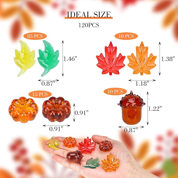 DomeStar 120PCS Fall Decorations Acrylic Pumpkin, Fall Sensory Bin Filler Vase Gems Plastic Leaves Acorns Maple Leaves for Crafts Thanksgiving Decor