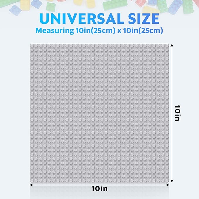 Classic Baseplates Building Plates-Pack of 10 Large 10" x 10" Building Bricks Compatible with All Major Brands,Perfect STEM Gift for Builders Age 3+,Grey