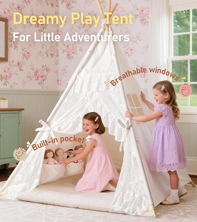 Kids Teepee Tent with Starry Lights, Ground Mat and Pockets, Teepee Tent for Kids Indoor & Outdoor Use, Foldable Play Tents for Boys & Girls, Washable Toddler Playhouse for Birthdays & Holidays