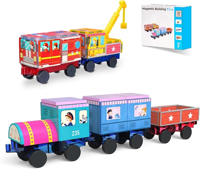 Magnetic Tiles Cars Construction Set - 30 PCS Magnetic Tiles Magnet Bricks Truck Sensory Toys, Educational Magnet Cars Set Building Blocks for 3 4 5 6 7 8+ Year Old Girls Boys Toddler