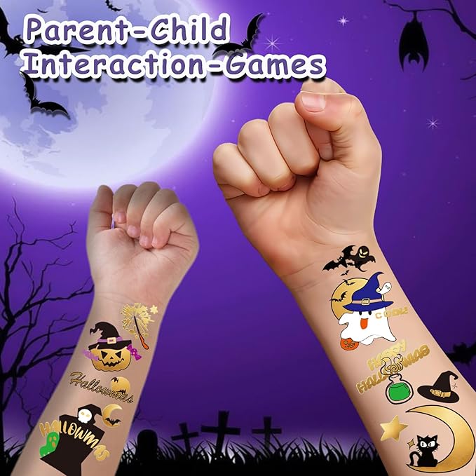 Halloween Temporary Tattoos For Kids Pumpkin, Ghost, Witch Halloween Party Favors for Boys or Girls- 126 pcs Golden Goodies Waterproof Fake Tattoos For Kids 6 7 8 9 10 11 12 years old