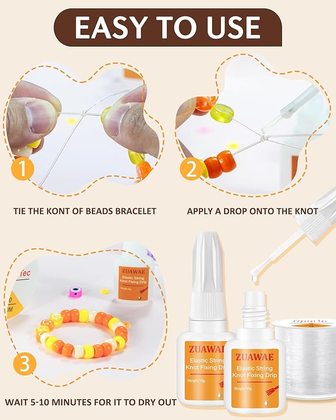 ZUAWAE Elastic String for Bracelets Making Kit, 0.8mm Clear Bracelet String, Jewelry Glue for Elastic String to Clay Beads, Jewelry Making Supplies