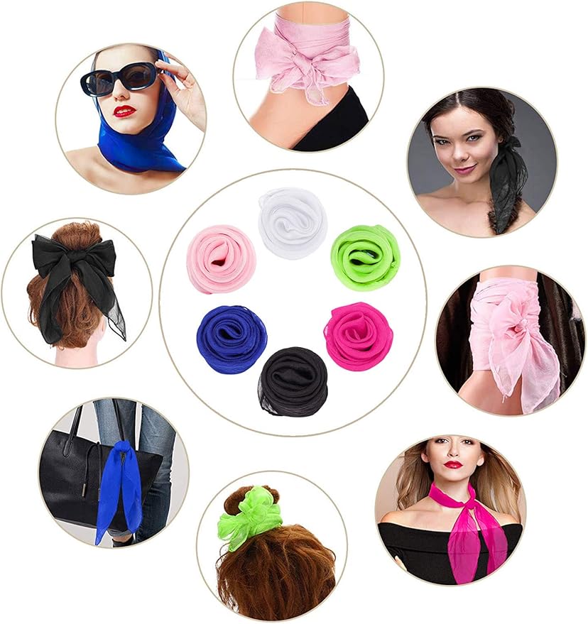 Boao 6 Pieces Chiffon Scarf 1950s Square Neck Head Scarfs Vintage Soft Polyester for Women Lady