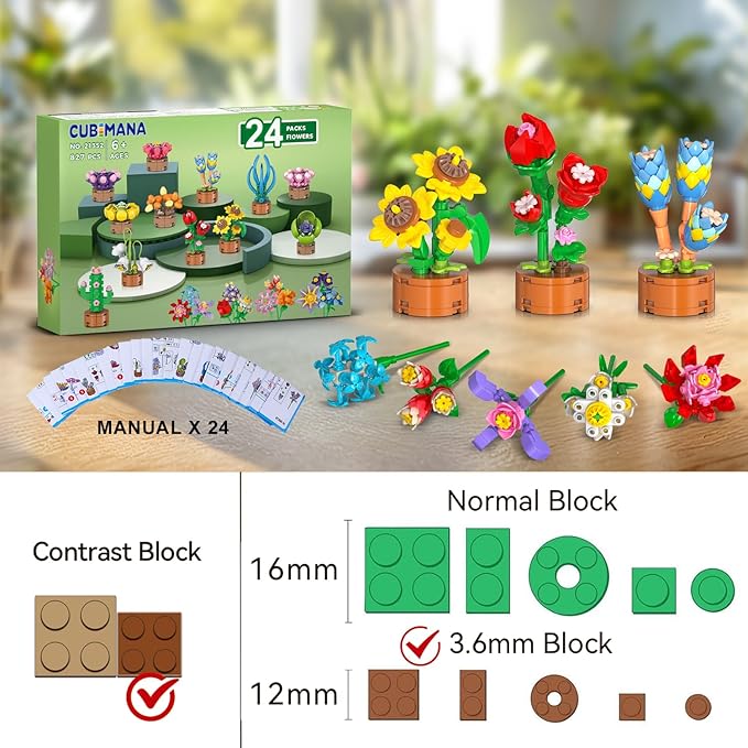 24 Pack Flowers Party Favors for Kids Building Set - 827PCS Succulents 3.6MM Mini Building Blocks Toy for Easter Basket Stuffers, Classroom Prizes, Mother's Day Birthday Gift for Girl Boy Ages 6+