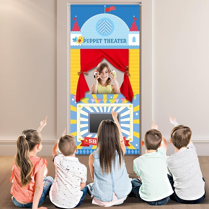 gisgfim Doorway Puppet Theater with 2 Adjustable Rods 31x67 In Blue Red Foldable Hanging Puppet Show Theater for Kids Pretend Play Hand Puppets Educational Kids Activities Toys Easy to Set Up Put Away
