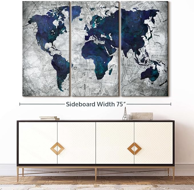 ElephantStock Deep Blue World Map Multi Piece Canvas - 3 Panel Wall Decor - Map of the World Art - Canvas for the Office and Home - 74" X 48"