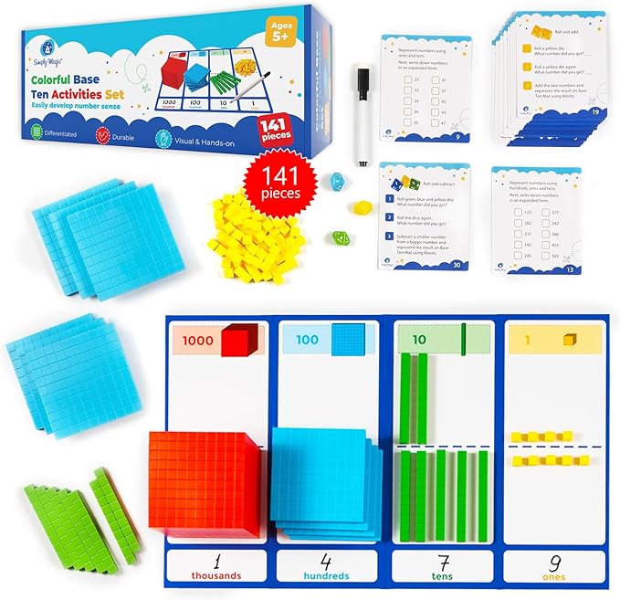 Simply magic 140+1 PCS Colorful Base Ten Blocks & Activities Set - Base Ten Blocks Classroom Set, Base 10 Math Manipulatives, Place Value Blocks Mat, Ones Tens Hundreds Blocks, Math Counters Cubes