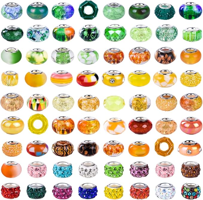 Aipridy Assortment European Large Hole Beads Spacer Beads Rhinestone Craft Beads for DIY Charms Bracelet Jewelry Making (Green-Orange-Lemon)