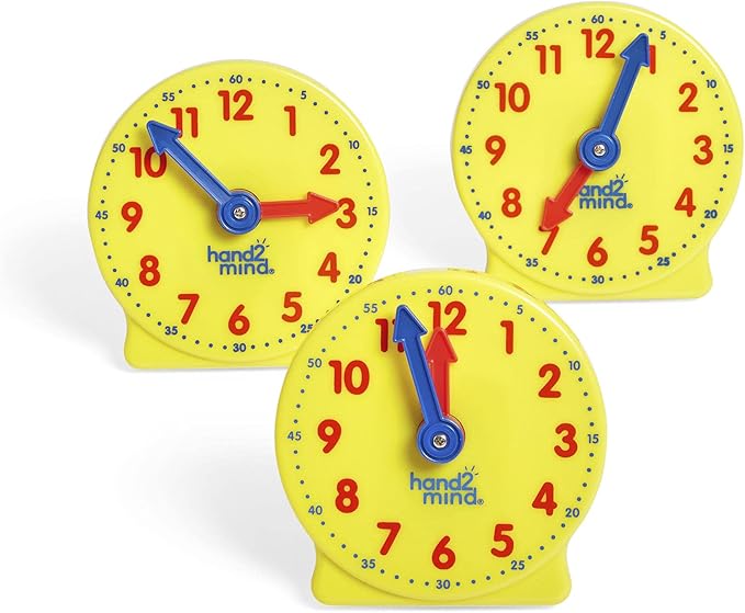 hand2mind Plastic Rainbow Fraction Tiles + Mini Geared Clock for Learning to Tell Time (15 Sets of 51 Pieces + Set of 24)