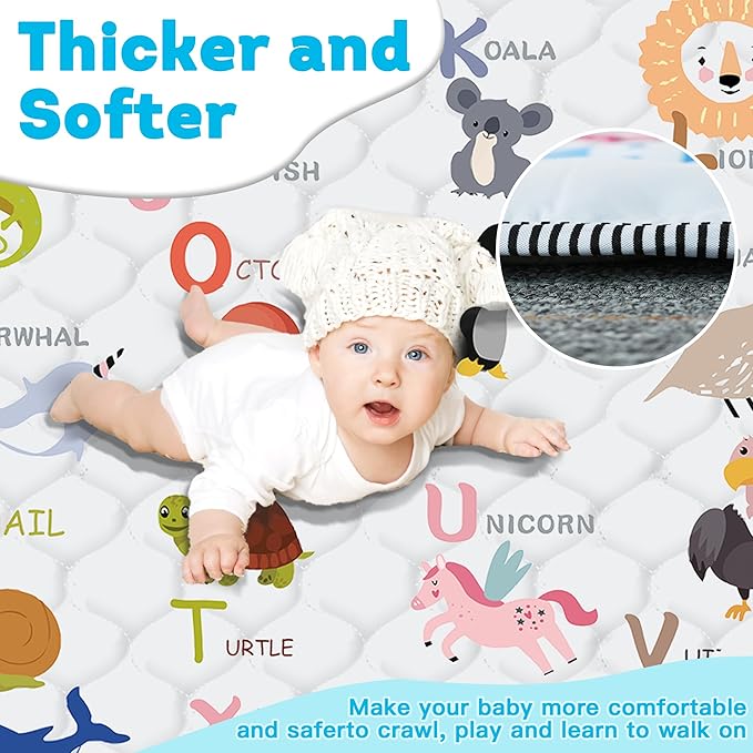 Baby Play Mat，Thick Soft 50" X 50" Playpen mat, Non-Slip and Machine Washable Baby Play Mats for Floor，Crawling Mat for Babies, Toddlers & Infants to Play and Learn (Animal Alphabet-A)