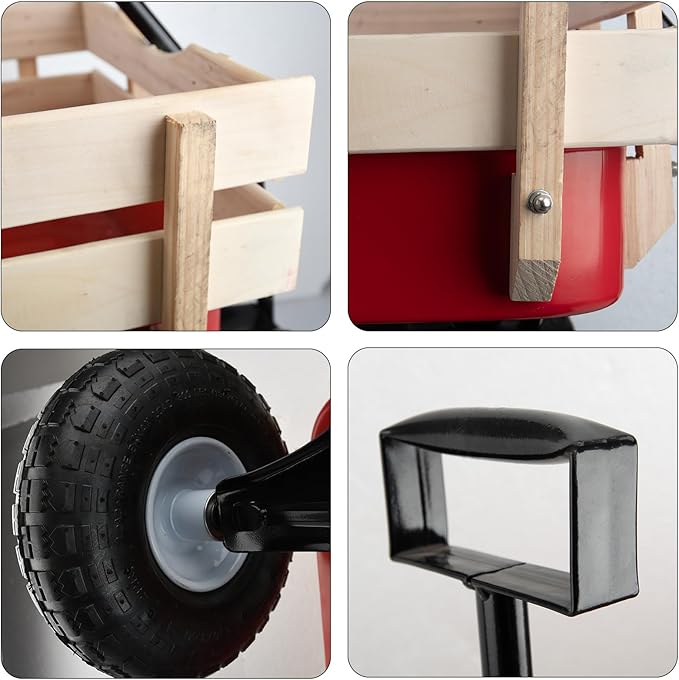 Pull Along Wagon Heavy Duty All-Terrain Cargo Wagon Outdoor Cart with Removable Wooden Side Panels,Big Tires and Wide Grip Handle for Towing Toys,Garden Tools,33x15.7x19.6 Inches