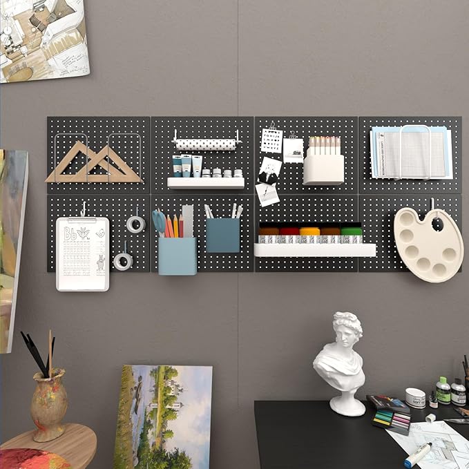 Peg Board,4 Pack Metal Pegboard Panels,Black Pegboard Wall Organizer,16"x12" Heavy Duty Peg Boards for Walls,Tools,Garage,Office,Kitchen