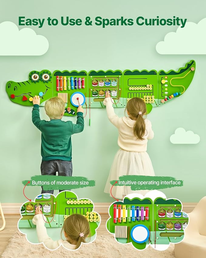 VEVOR Crocodile Activity Busy Board Panel, 9 Wall Activities Board, Montessori Sensory Wall Panel for Kids 3-12 Years, Sensory Wall Activity Panel, Ideal for Toddler Playroom Nursery Classroom