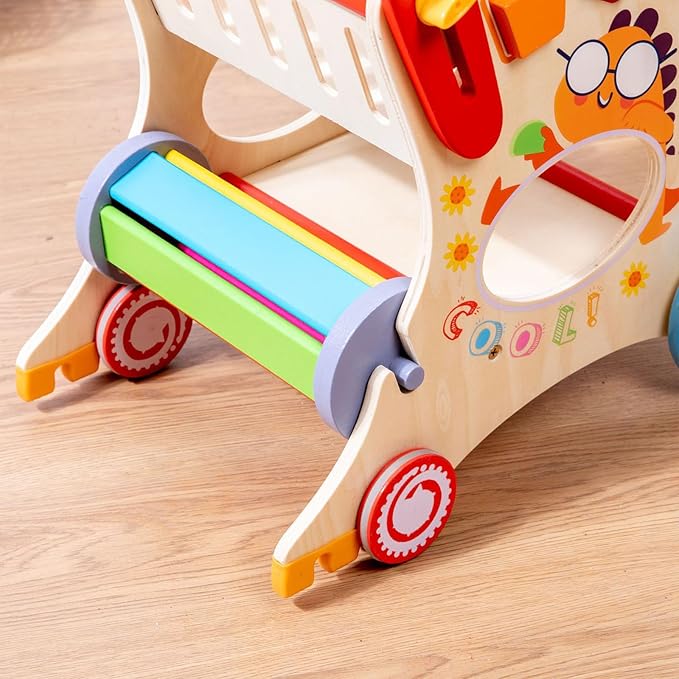 Wooden Baby Push and Pull Walker with Wheels for Boy&Girls,Multiple Activities Kid’s Toy,Shopping Cart Sit to Stand Walker for Toddlers